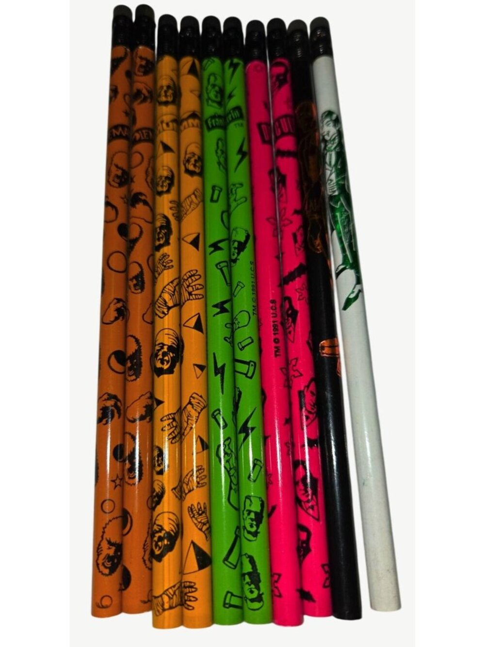 Universal Studios 1991 Halloween Monster Pencils Set Of 10 - Wolfman Mummy Frank